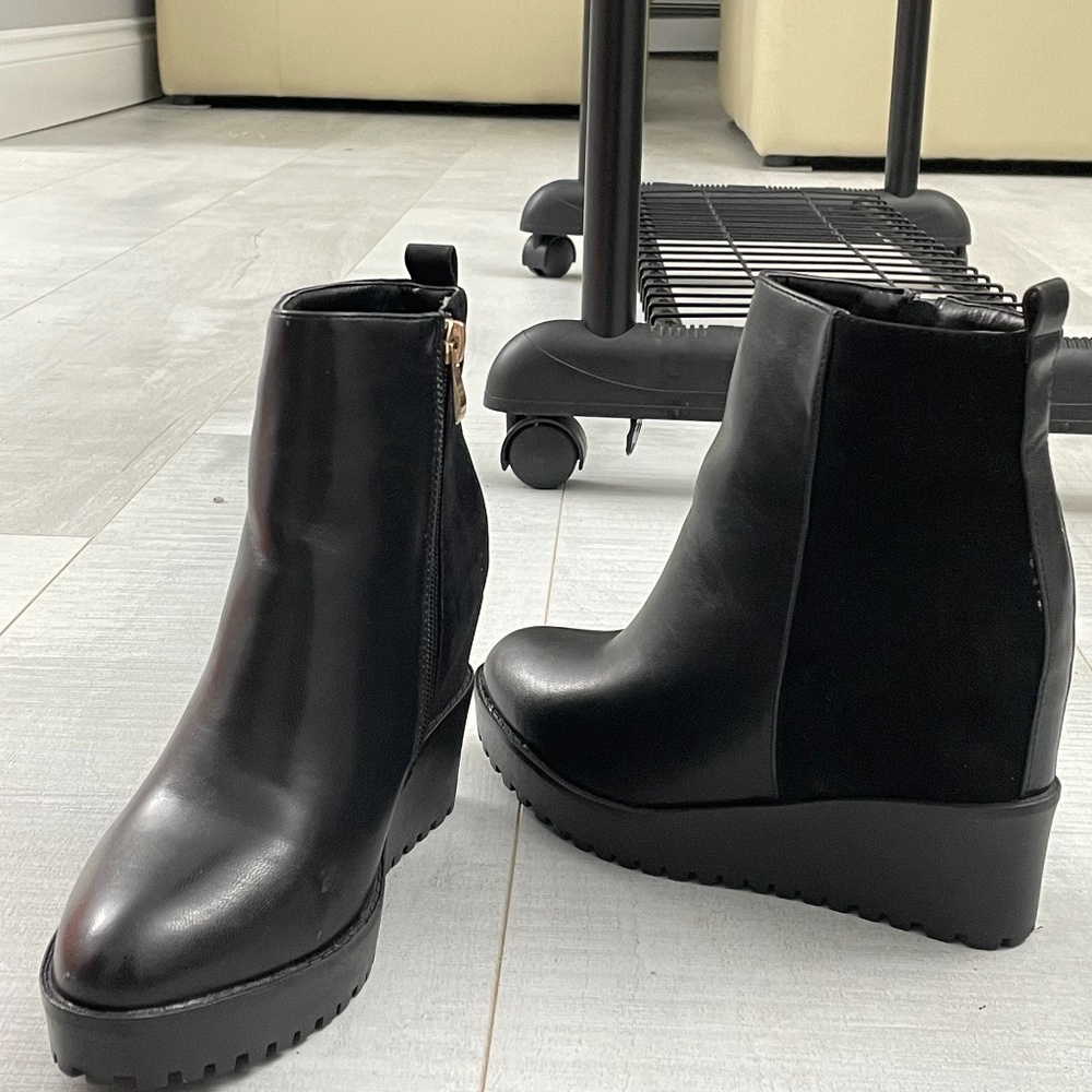 🇬🇧 black leather and suede platform ankle boots ✨